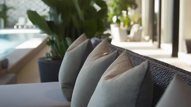 Luxurious outdoor lounge cushions on a patio daybed by a shimmering pool, creating a serene, inviting resort atmosphere for relaxed summer living and sophisticated leisure