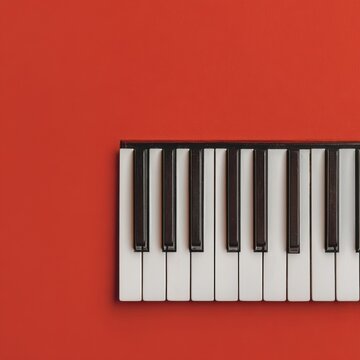 Music featuring piano keys and keyboard on a coral minimalist background