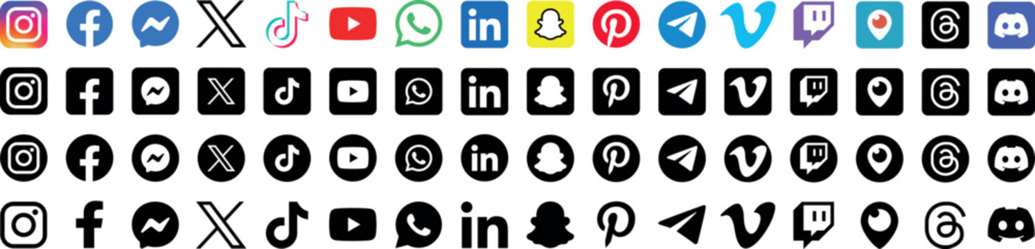 Round social media icons or social network logos flat icon set collection for apps and websites