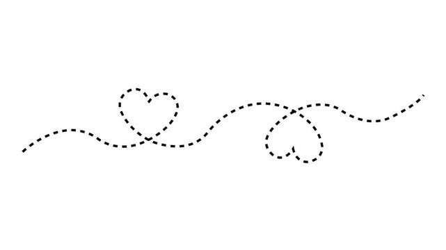 heart dashed line path icon animation on white background. Romantic travel symbol, heart dashed line trace. Movement of simple heart path, dotted love. 4k video.