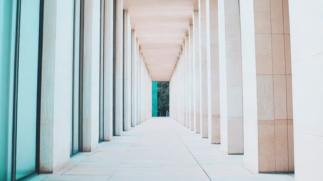 Long minimalist corridor featuring a sequence of parallel columns and a tiled floor, creating a strong sense of perspective and depth towards an outdoor green space