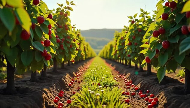 A chokeberry farm with rows of bushes heavy with ripe fruit under bright sunlight 