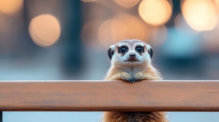 Meerkat peeking from behind a city bench, wide-eyed with curiosity at the bustling urban life.