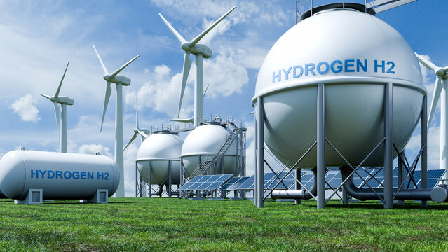 Green hydrogen energy storage tank with wind turbines and solar panels, renewable clean energy production plant concept, eco friendly industrial background- 3D rendering