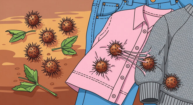 Clothing covered in burrs illustrating a common outdoor problem with burrs on clothes and fabric