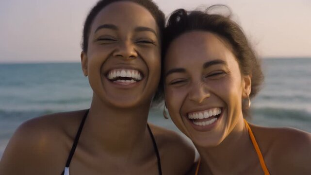 Young women smiling at each other on the sandy beach at dusk