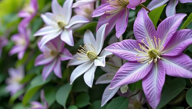 A clematis vine with large purple and white flowers blooming densely on climbing stems in a garden 