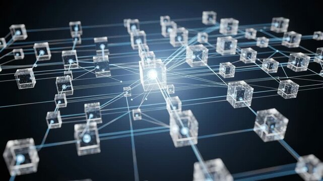 Digital data blocks connected by glowing lines form a complex network structure set against a dark solid black background.