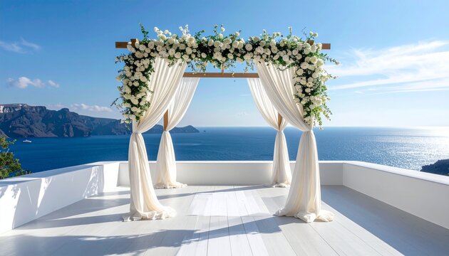 Wedding Ceremony Overlooking the Aegean Sea A Romantic Destination Wedding Scene with Floral Arch and Ocean View.
