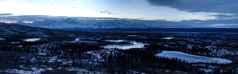 Pano of mountains on a winter evening in Alaska