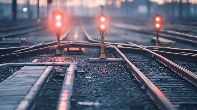 Intersecting railroad tracks and illuminated red signal lights create a complex network, guiding trains and symbolizing choice, direction, and the journey ahead during the evening hours
