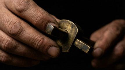Fototapeta premium Close-up of Artisan Hands Holding a Vintage Brass Marking Gauge Tool in Dramatic Low-Key Lighting, Symbolizing Carpentry, Hard Work, and Traditional Craftsmanship