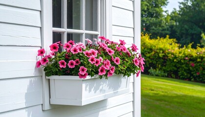 Window box with vibrant pink flowers creating a charming outdoor home decor element for lifestyle visuals.