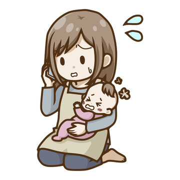 泣く赤ちゃんを抱いて焦って電話をする母親のイラスト（病気・救急相談）