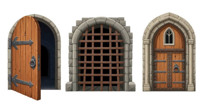 Castle gate vector medieval collection, open wooden ancient door, iron grate, stone arch isolated on white. Vintage city entrance, closed dungeon double entry. Game elements, castle gate illustration
