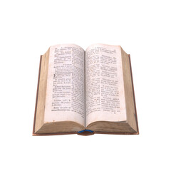 Open book with two pages filled with text on a white background