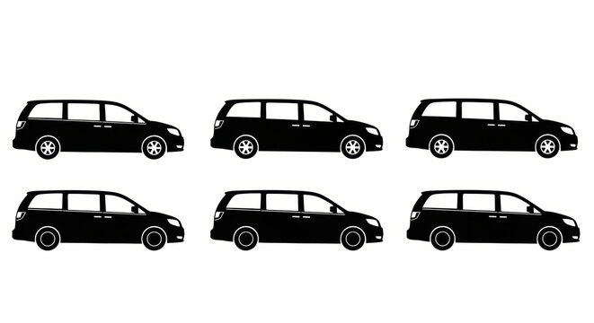 Group of Black Minivans Lined Up Side by Side on White Background