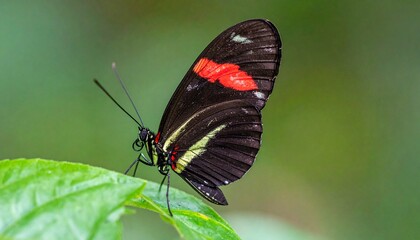Colorful Heliconius butterfly resting on a green leaf in tropical environment wildlife photography.