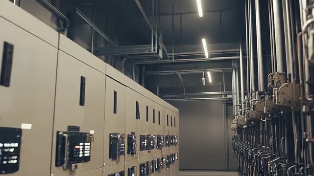 Electrical switchgear panels and industrial piping lining a room, managing power distribution, technical infrastructure, and system control within a modern facility