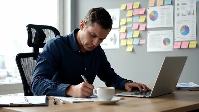 A man brainstorms plans at a desk with notes and laptop. Charts and sticky notes cover the wall.