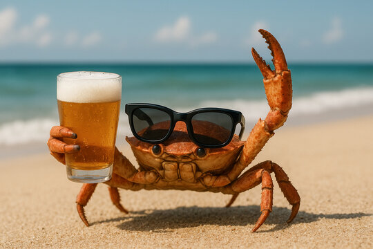 Crab wearing sunglasses holding a beer on the sea beach background.