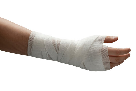 Human forearm and hand wrapped tightly in a sterile white elastic bandage for support or injury isolated on transparent background