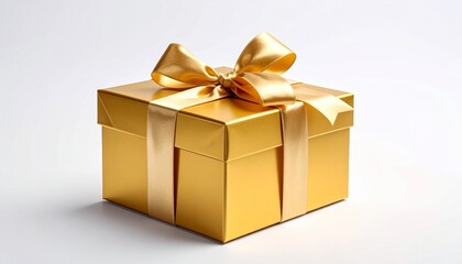 Obraz premium Golden gift box with satin ribbon bow for celebration occasions against a clean and minimal white background.