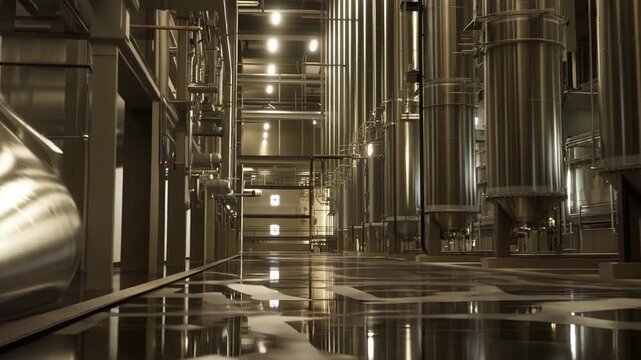 Industrial facility interior with large stainless steel tanks, complex pipework and polished reflective floor under bright ambient lighting, symbolizing modern production efficiency