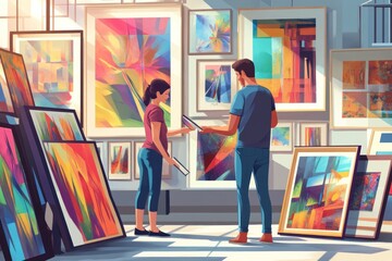 A couple picking out artwork in a modern gallery