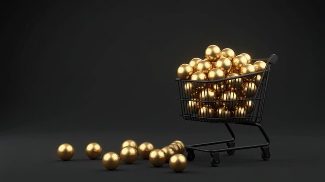 Black shopping cart overflowing with golden spheres on dark background luxury retail concept