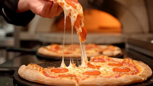 Delicious close-up of a hand lifting a slice of cheesy pepperoni pizza from a stone oven, showcasing the gooey cheese pull