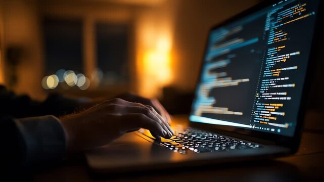 Developer Hands Typing Code on Laptop Keyboard Late at Night