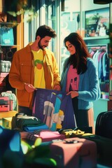 A couple picking out stylish clothing for an upcoming trip in a trendy travel 