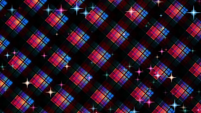 Vibrant diamond pattern with colorful plaid design and sparkling stars on black background illustration