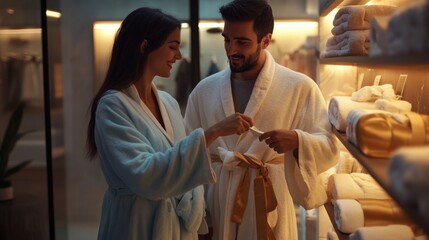 A couple picking out stylish bathrobes and towels in a luxurious home goods store