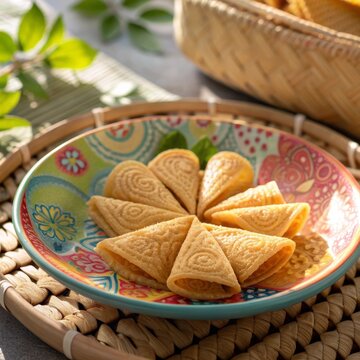 Delicious crispy Kuih Kapit served on a colorful patterned plate with fresh green leaves and a wicker basket