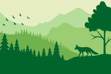 fox on the hill with mountain and forest tree landscape view nature background flat color vector illustration template design