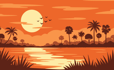 nature sunset tree and river landscape view background flat color vector illustration template design