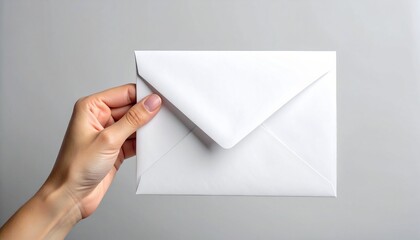 Fototapeta premium Elegant Hand Holding Clean White Envelope for Mail or Invitation Concept Still Life Studio Shot.