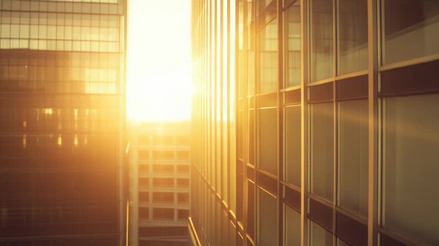 Glass facades of contemporary city skyscrapers reflecting the warm, golden light of sunset, creating a vibrant urban glow and highlighting architectural patterns