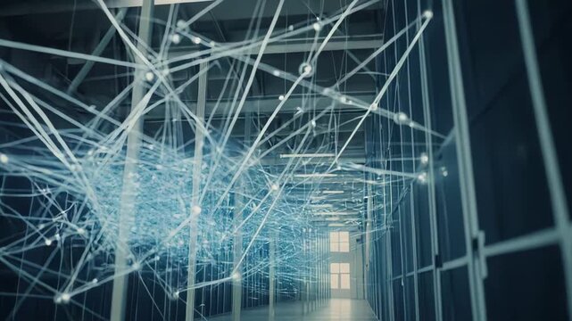 Data center corridor with server racks and glowing neural network overlay visualizing ai, big data analytics and global connectivity through fiber optic data streams and cloud systems