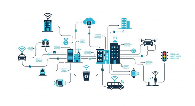 A vector graphic illustrating a complex network of interconnected smart city infrastructure and technology