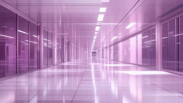 Futuristic purple lit corridor with glossy floor reflections and deep perspective, evoking a sterile high tech server room or lab environment for digital infrastructure and security