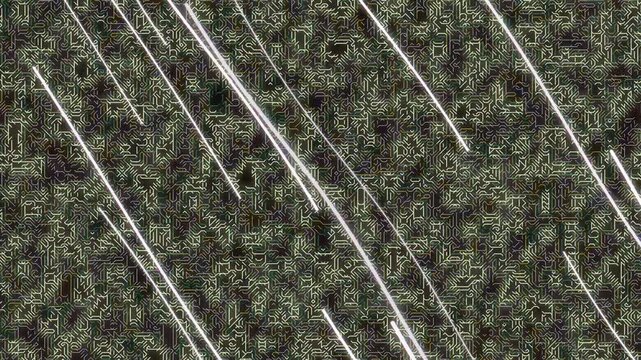 Aerial view of diagonal silver lines on textured green surface with intricate patterns