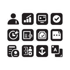 Modern Black Square Business Productivity and Data Analysis Vector Icon Set Collection. 