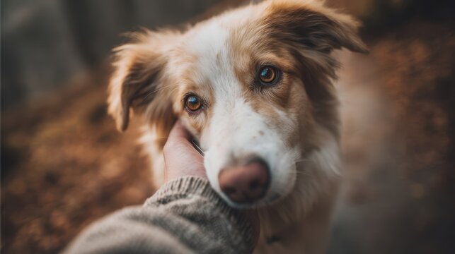 The Dog Closeup Portrait With Gentle Hand In Autumn Forest Warm Light