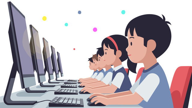 Children learning and coding in a computer lab classroom in flat design