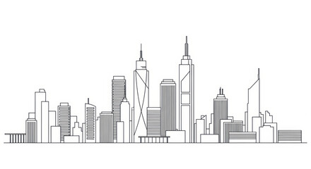 Fototapeta premium Minimalist Cityscape Outline: Modern Skyscrapers and Urban Skyline in Black and White