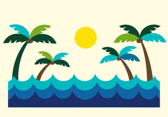 Obraz premium Serene tropical island scene with swaying palm trees by the ocean at sunset
