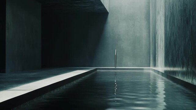 Indoor concrete pool reflecting light beams on its surface, creating a serene atmosphere and highlighting the brutalist architectural design and play of shadows